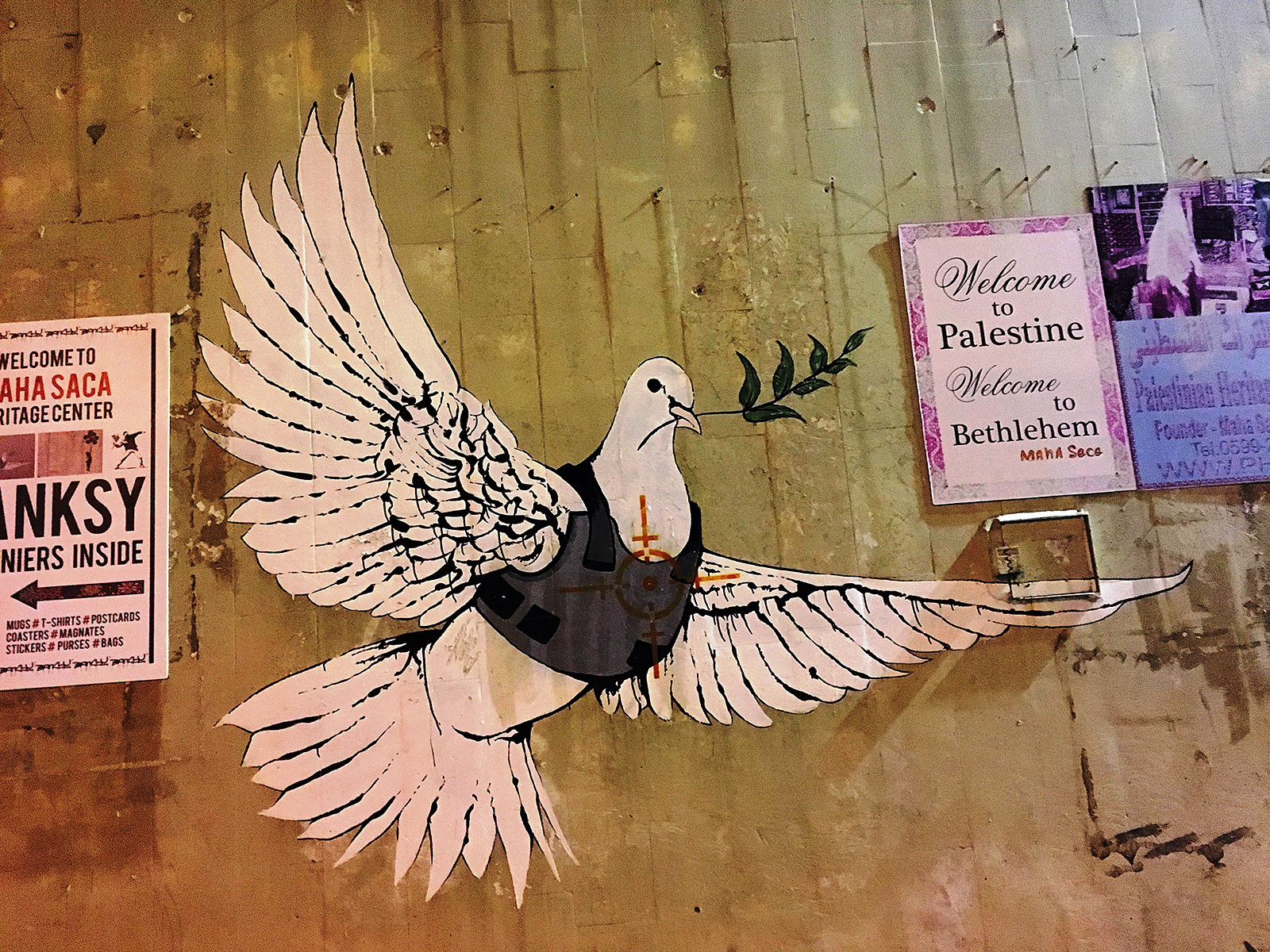 Berühmte Friedenstaube mit schusssicherer Weste von Street-Art-Künstler Banksy (Foto: Dagmar Gehm)