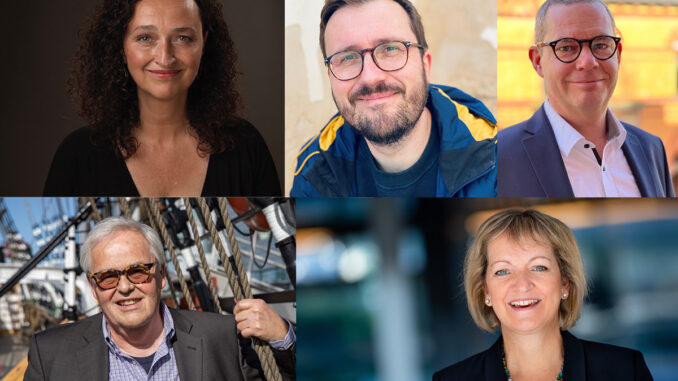 Die Columbus Radiopreis-Jury 2021: Daniela Wiesler (Deutsche Welle), Till Ottlitz (BR), Marc Schmidt (hr), Rüdiger Edelmann (deutsches-reiseradio.com & Preisgeschäftsführung), Sabine Dahl (rbb)